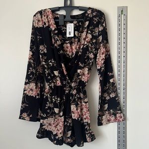 Honey Punch Navy Floral Long Sleeve Romper